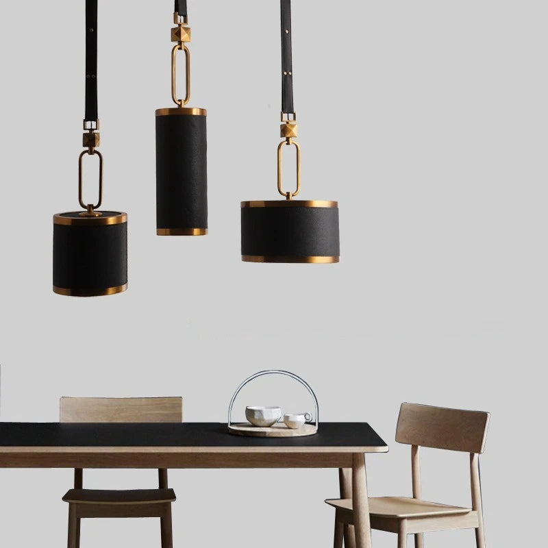 lustre moderne en cuir avec suspension lumière et verre cristal - vue 5 sur 14
