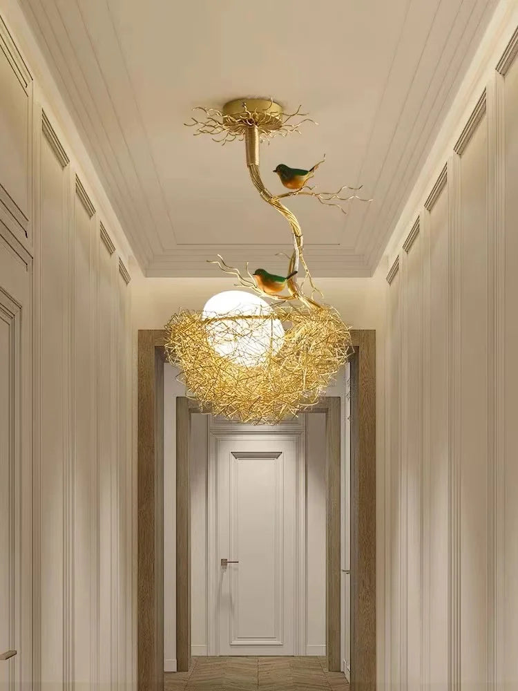 lustre led moderne en forme de nid d'oiseau avec boule de verre - vue 7 sur 14