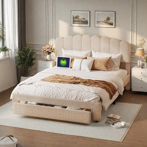 Bubble Bed, Double Bed, Teddy Velvet Fabric, with USB & LED, Drawer Bed,  with Storage Space, Beige, 140x200 cm - vue 3 sur 6