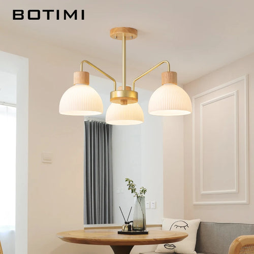 lustre botimi en bois avec abat-jour en verre 3 lumières 5 leds incluses