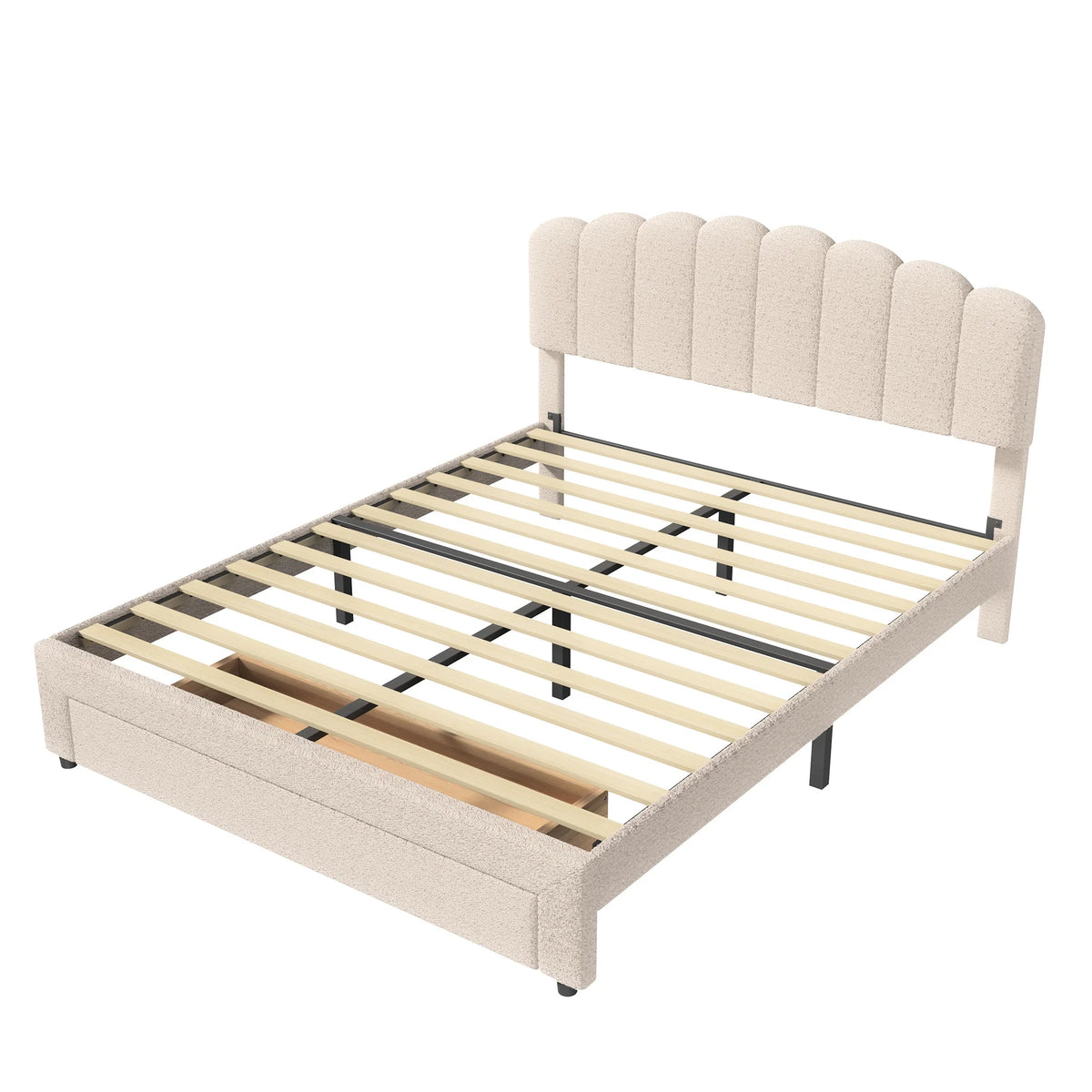 Bubble Bed, Double Bed, Teddy Velvet Fabric, with USB & LED, Drawer Bed,  with Storage Space, Beige, 140x200 cm - vue 5 sur 6