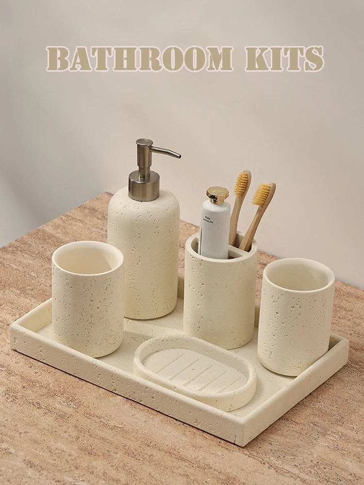 Ahunderjiaz-Natural Marble Bathroom Storage Set, Toothbrush Cup Tray, Mouthwash Kit, Home Decoration, Soap Dish, Press Bottle