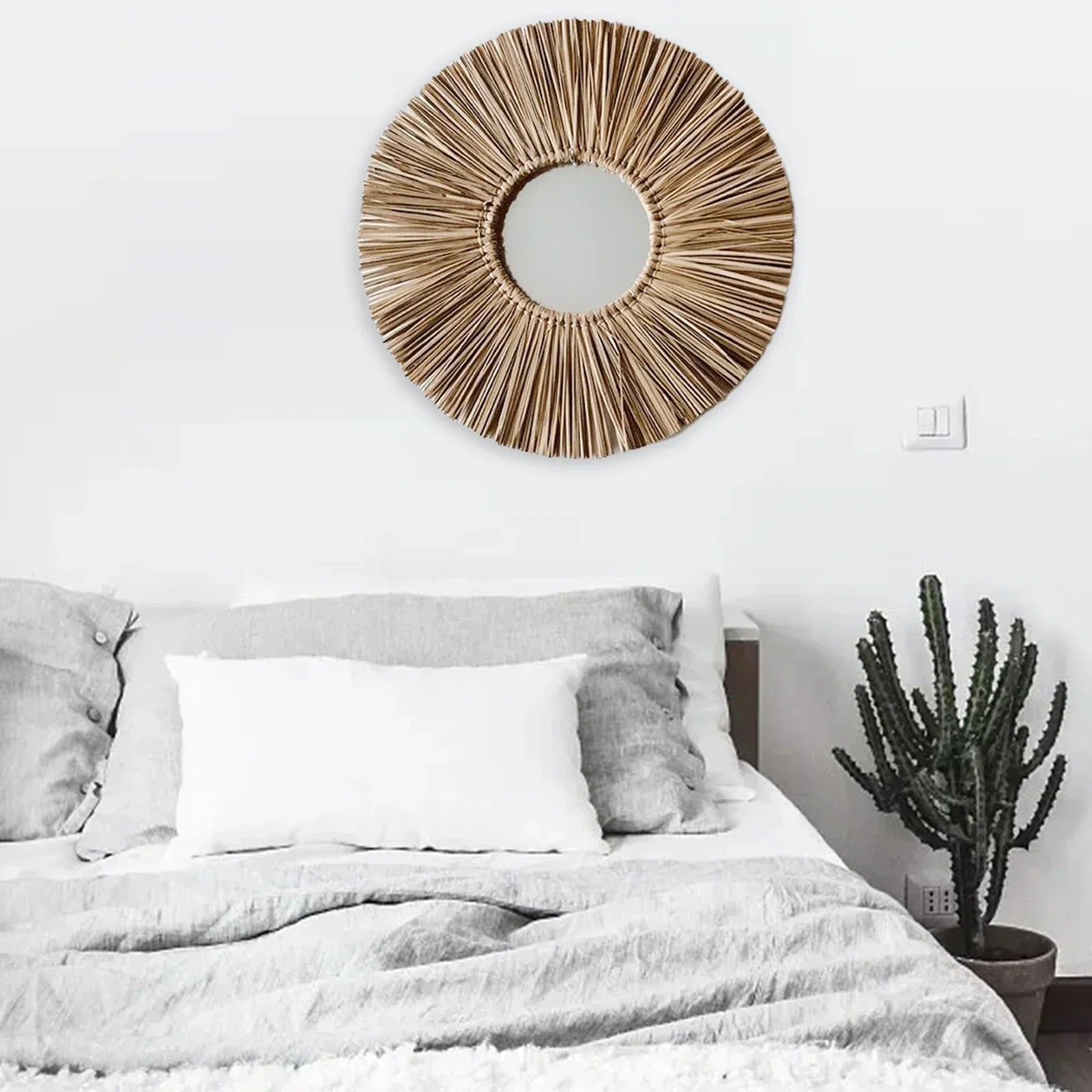 miroir mural rond en corde de paille fait main décoratif à suspendre - vue 6 sur 7