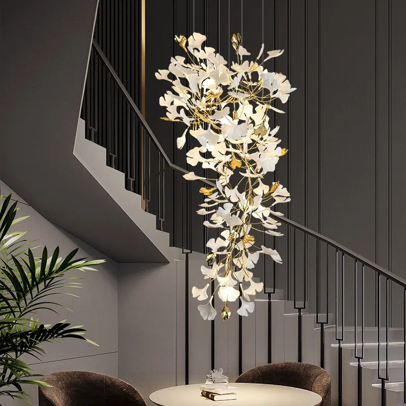 Ginkgo feuille cage d'escalier long lustre lumière atmosphérique villa de luxe duplex bâtiment loft hall d'hôtel lampes d'art créatives - vue 6 sur 20