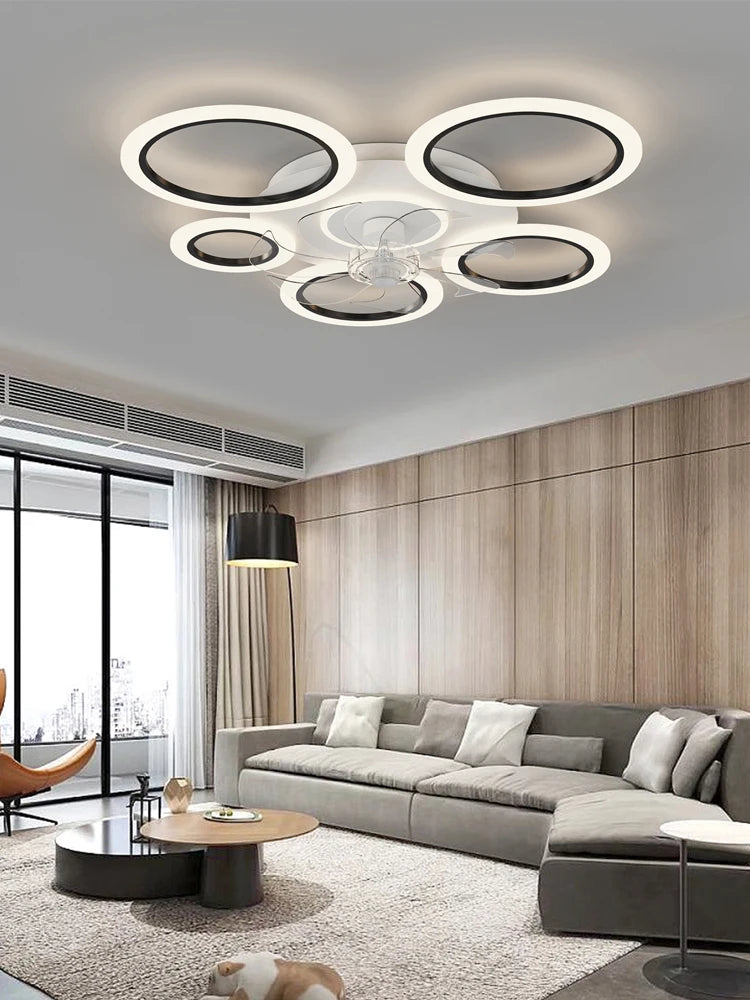 Modern white minimum circular fan light, simple living room ceiling fan light, intelligent control ceiling fan light - vue 6 sur 8