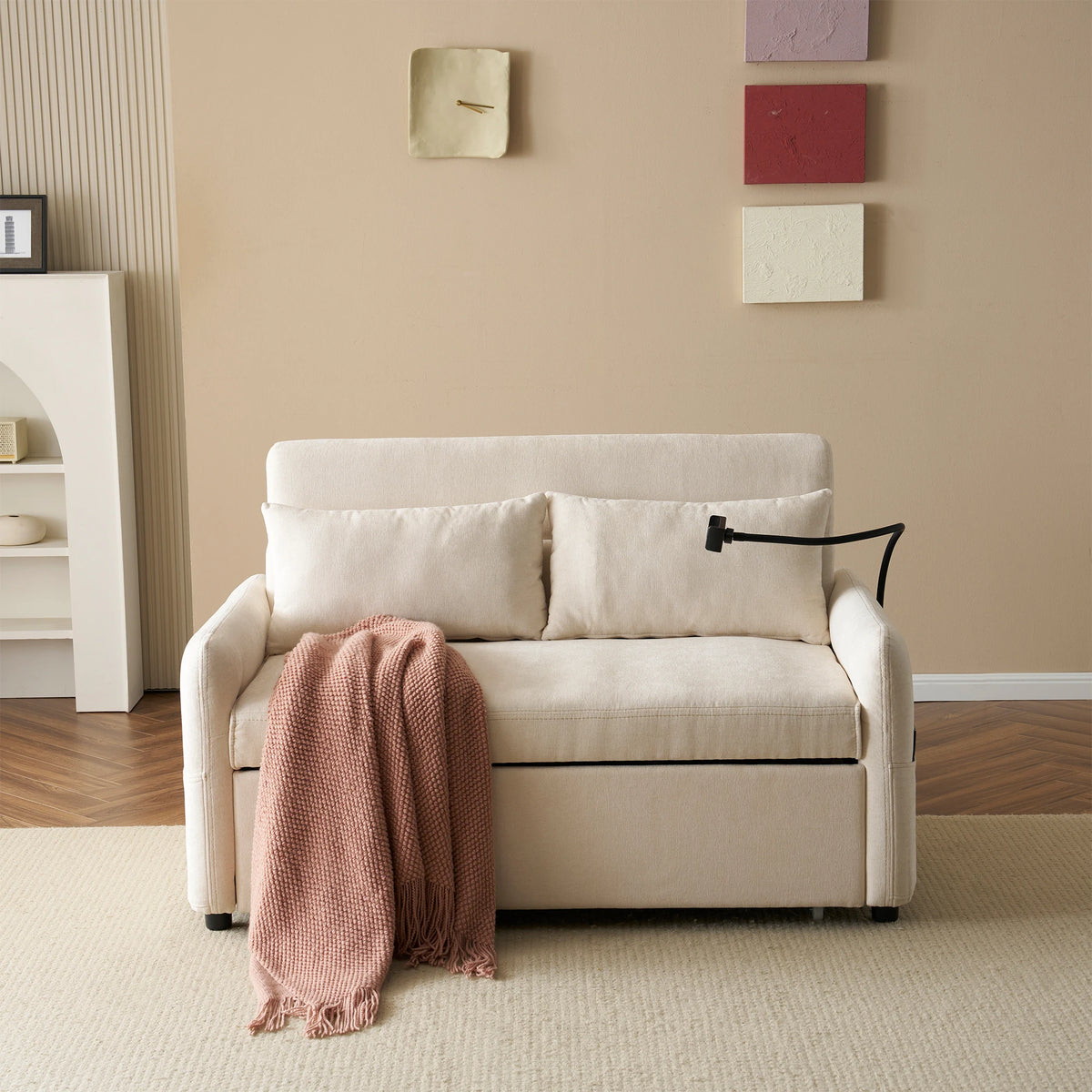 Modern double folding sofa bed, multi-functional with adjustable backrest, cell phone holder & USB charging station