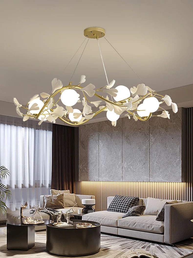 Kronleuchter mit Ginkgoblättern und dekorativer LED-Beleuchtung im modernen Design - vue 5 sur 8