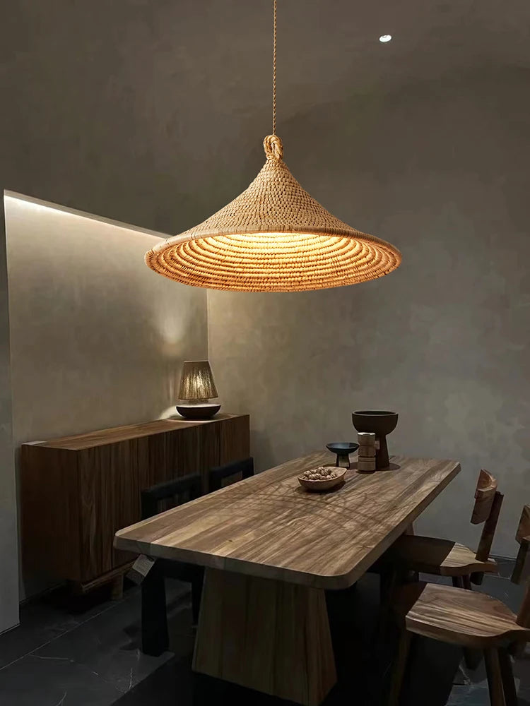 Lustre de style japonais tressé en rotin clair - vue 3 sur 10
