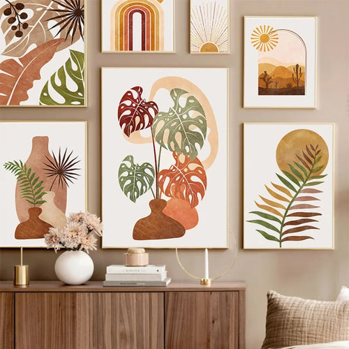 Tableau vase monstera en terre cuite décoration murale abstraite nordique