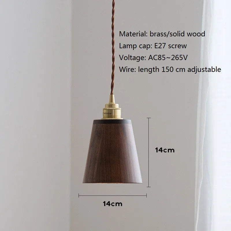Moderne LED-Pendelleuchte aus Holz mit Lampenschirm aus Messing