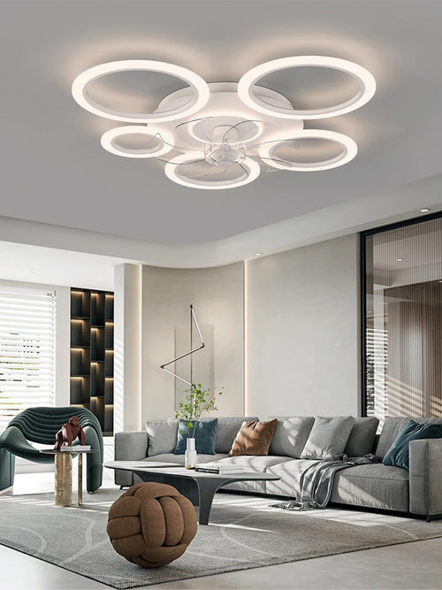 Modern white minimum circular fan light, simple living room ceiling fan light, intelligent control ceiling fan light - vue 6 sur 8