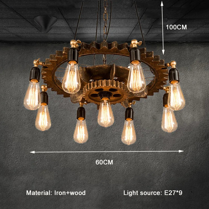 lustre industriel rétro créatif 9 têtes en bois pour loft restaurant café - vue 4 sur 9
