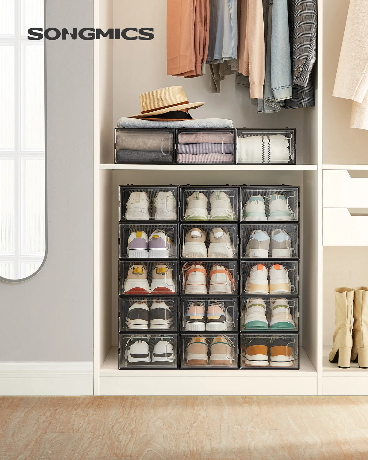 SONGMICS Clear Shoe Boxes, Shoe Storage Organsiers, Stackable, Breathable, and Foldable, Display Trainers, High Heels