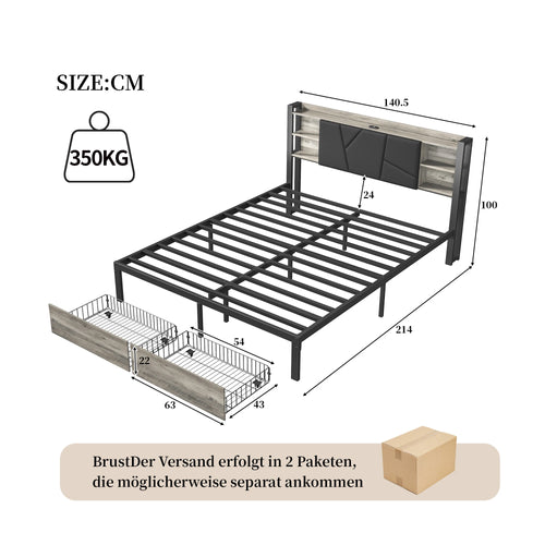 Double Bed with Metal Slatted Base,Platform Bed Frame with LED and 2 Drawers,Headboard with Storage Space,without mattress - vue 7 sur 7