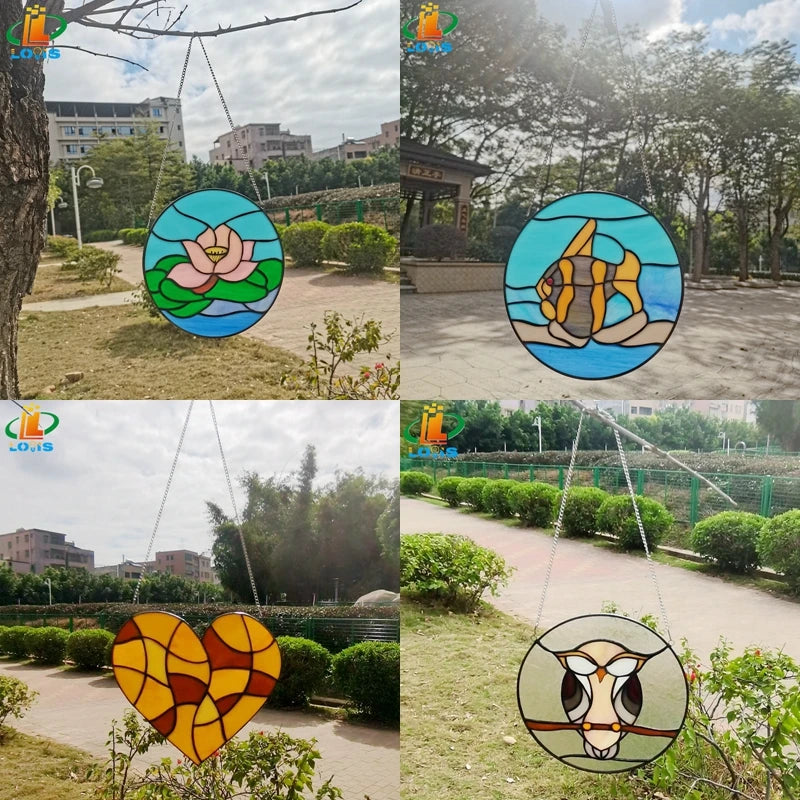 vitrail rond lotus décoratif en forme de coeur poisson tropical - vue 2 sur 11
