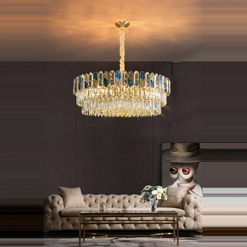 plafonnier led art déco en cristal doré et acier inoxydable - vue 7 sur 18