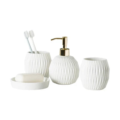 Nordic Bathroom, Dark Green Ceramic Embossed Shape, Soap Dispenser, Dish, Mouthwash Cup, Bathroom Supplies, Set - vue 13 sur 13