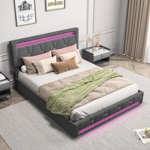 Upholstered Double Bed 140x200cm,LED Bed with 4 Drawers and Adjustable Headboard,Bed Frame with Wooden Slatted Frame,No Mattress - vue 4 sur 7