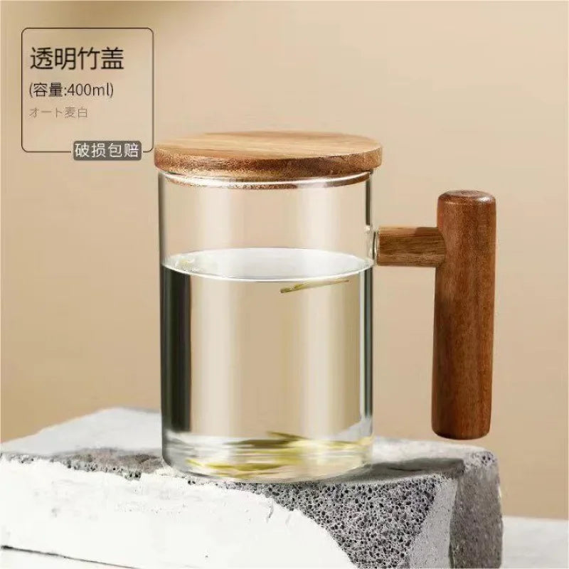 tasse en verre borosilicate avec poignée en bois et couvercle - vue 8 sur 8