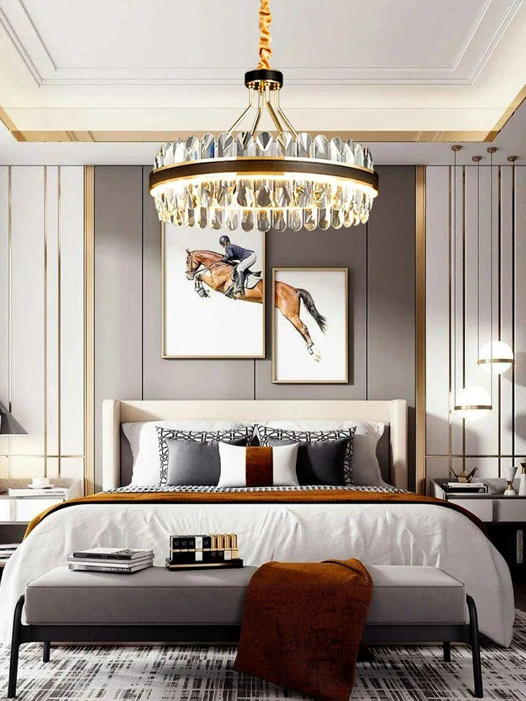 lustre en cuir led cristal luxueux rond suspendu moderne - vue 5 sur 24
