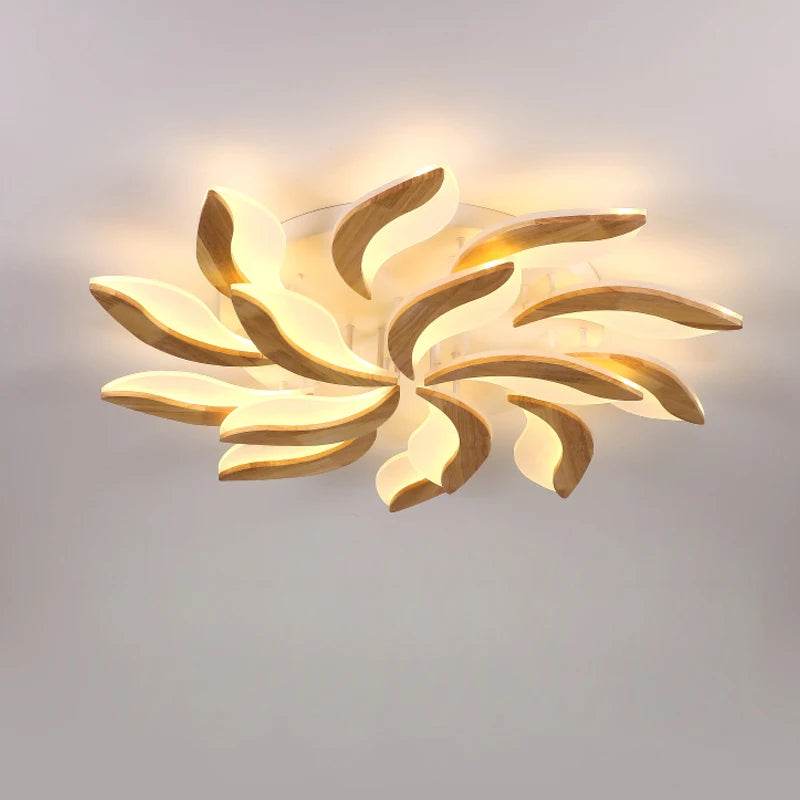 lustre moderne en bois avec luminaires en acrylique à LED - vue 5 sur 12