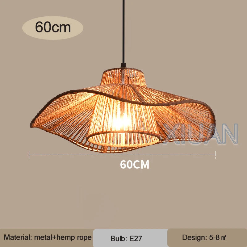 Vintage-Pendelleuchte aus Hanfseil mit japanischem Wabi-Sabi-Schirm