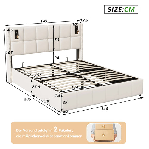 Single and Double Bed with Slatted Frame, Hydraulic Upholstered Storage Bed, Headboard with 2 Reading Light and USB Port, Velvet