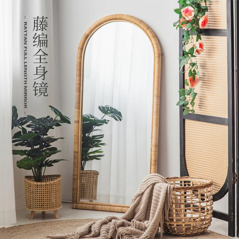 Full length mirror, floor mirror, girls' makeup, dressing, dressing, rattan net, Nordic fitting mirror, ins