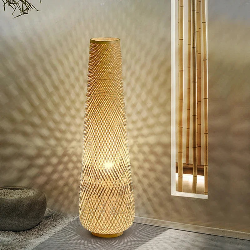 lampadaire cylindrique en bois et osier rétro tissé en bambou - vue 5 sur 9
