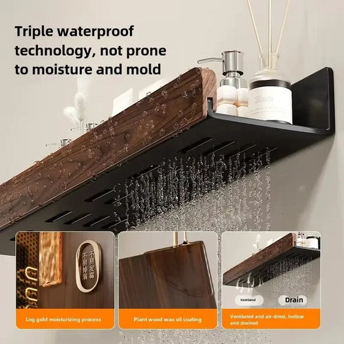 étagère murale en noyer pour rangement et porte-serviettes