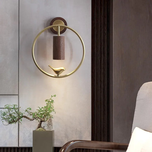 Walnut Wood Circle Brass bird, Wabi-sabi Modern style, Wall Sconce light for Bedroom, Bedside, Living, Recreation, Study