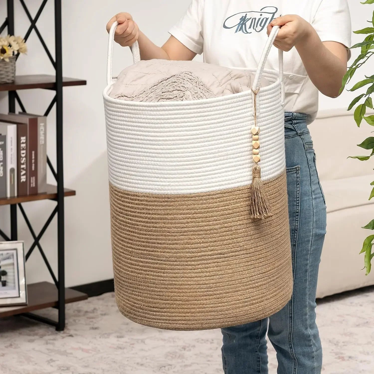 grand panier de rangement tissé avec poignées en coton pliable - vue 7 sur 9