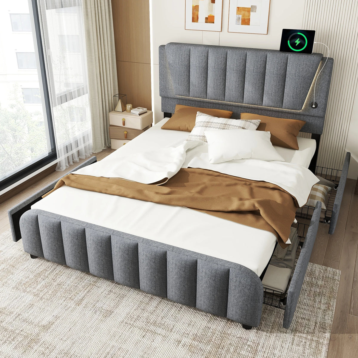 Upholstery bed, 160x200cm, bed with slatted frame (without mattress), remote control room light, bed with four drawers, adjustable