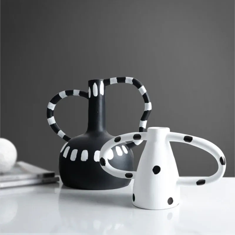 Black And White Polka Dot Double Ear Vase Decoration, Cave Style Homestay Sample Board Room Minimalist Flower Set