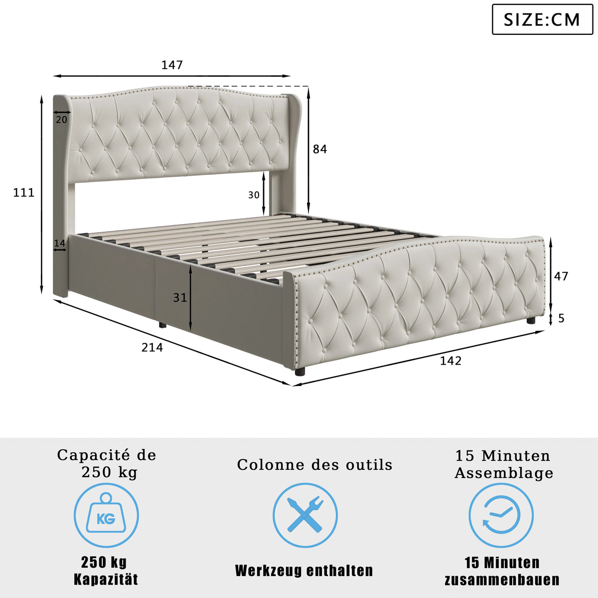 160 x 200 cm Modern Double Bed, Bed with Storage Space and Backrest, with Slatted Frame, Load-Bearing 250 kg, without Mattress