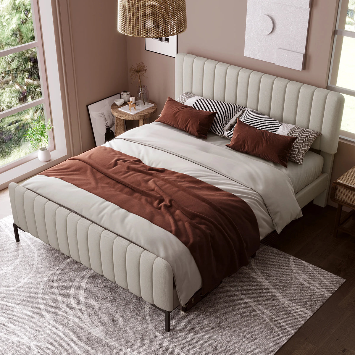 Cushion bed double bed 140x200 cm, bed frame with slatted frame and adjustable headboard, upholstered bed in gray-beige, bed