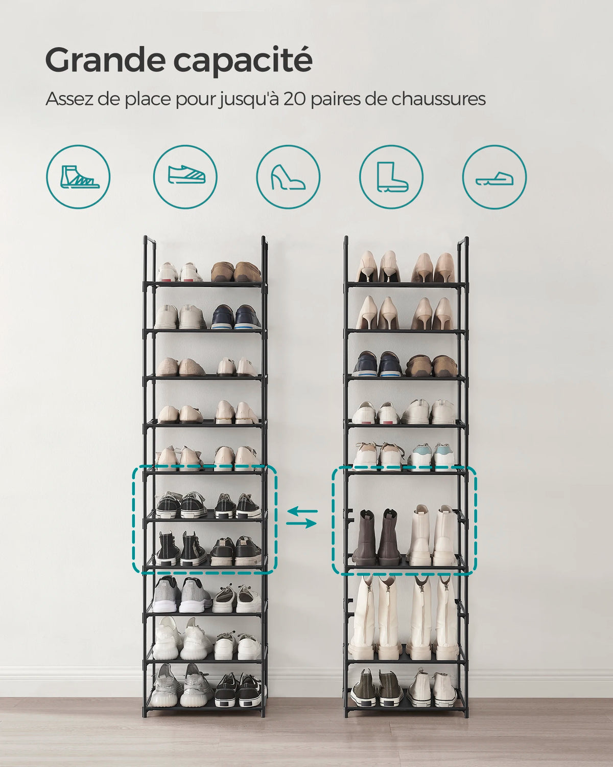 SONGMICS Shoe Rack, 10 Tiers, Narrow Shoe Rack, 28 x 45 x 173 cm, Metal Frame, Non-Woven Fabric Shelves, Hallway, Bedroom