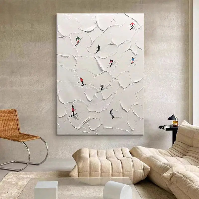 Custom Hand-painted Oil Painting Skiing, White Snow Scene, Living Room Decorative Painting Abstract Knife Painting Thick Texture