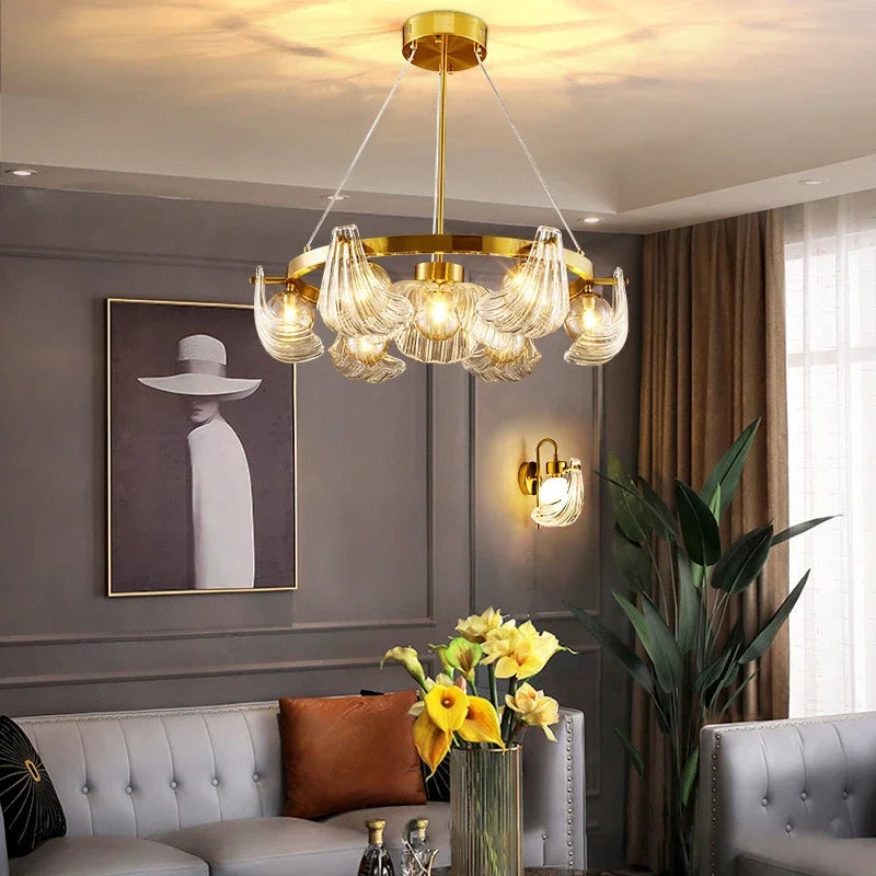 lustre de luxe en verre de coquille avec lampes led créatives