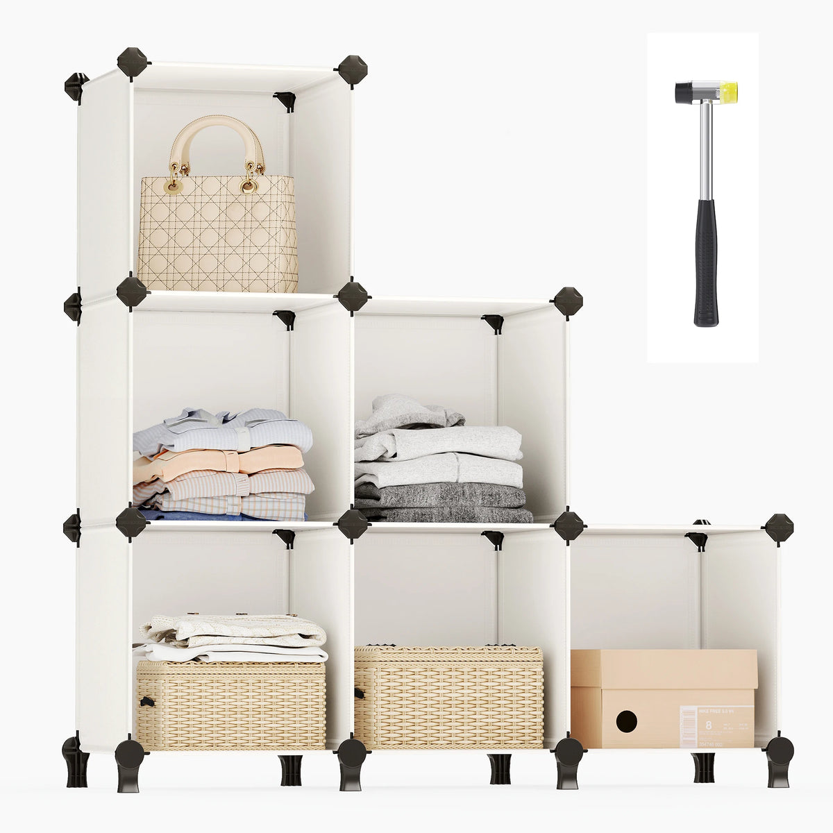 SONGMICS 6 Cube Storage Unit, Modular Plastic Cube Storage Organiser with Feet, Shoe Rack, Each Cube 30 x 30 x 30 cm