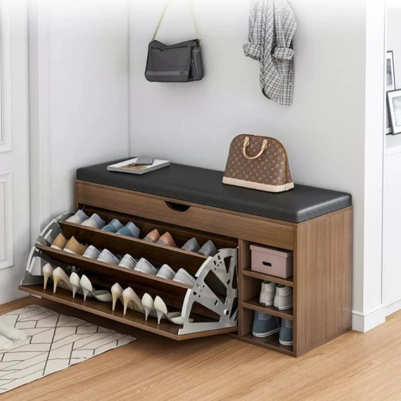 Home Shoe Cabinet with Bench, Anti-Dust Shoe Storage Bench, Multi-Layer Wooden Organizer with   Cushion and Stable Structure