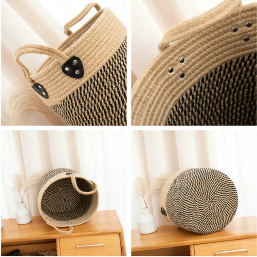 panier de rangement en jute et coton avec poignée - vue 7 sur 7