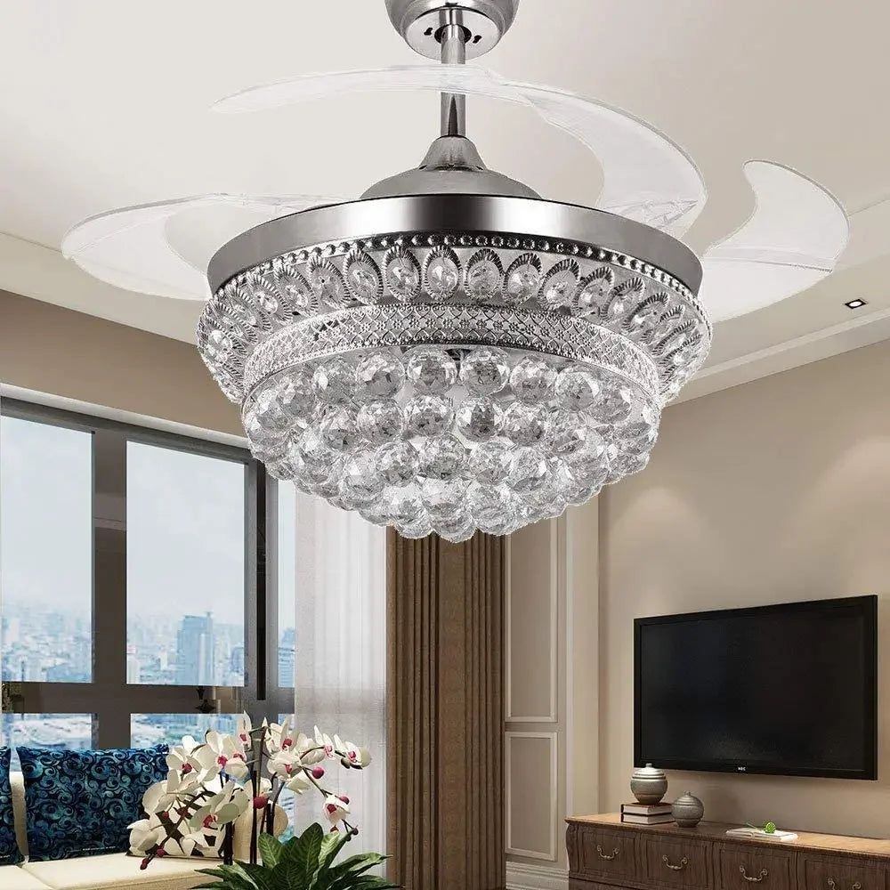 Kronleuchter-Deckenventilator chrom mit Kristall und wechselndem LED-Licht