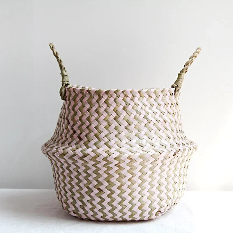 panier de rangement en osier pliable fait main patchwork seagrass - vue 8 sur 9