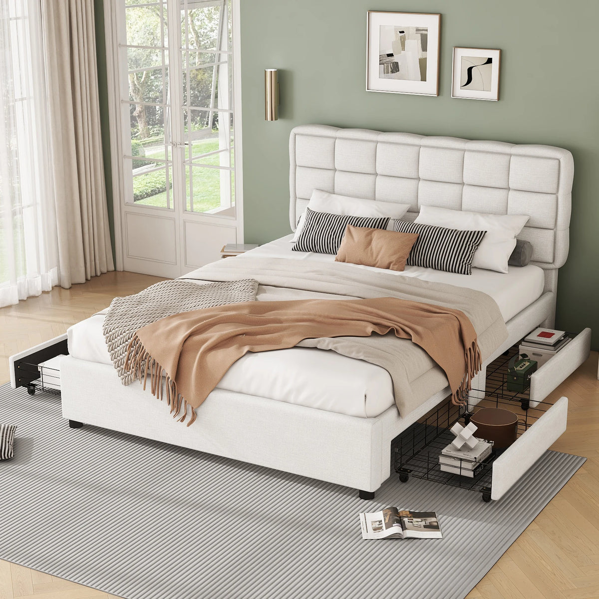 Upholstery bed, 140x200cm, bed with slatted frame (without mattress), bed with four drawers, minimalist style, linen, beige