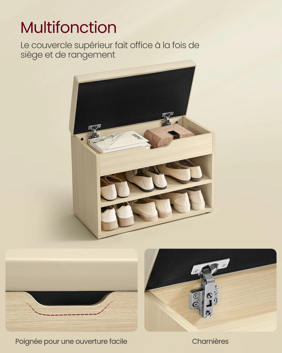 VASAGLE Shoe Bench, Bench, Shoe Rack with Padded Cushion, Shoe Organiser with 3 Levels, 30 x 60 x 44 cm, for Hallway
