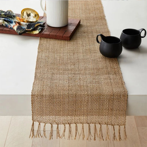 Chemin de table jute rustique avec pompons tresse - vue 2 sur 7