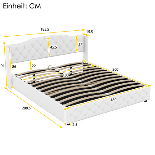 VSOGA 180 X 200CM Multifunctional Flat Bed with Hydraulic Storage, White - vue 3 sur 8