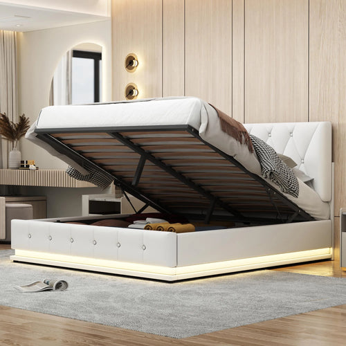 White Upholstered Bed, 140x200cm Double Bed, with Slatted Frame Artificial Leather Cover LED Lighting Hydraulically Liftable Bed - vue 2 sur 6