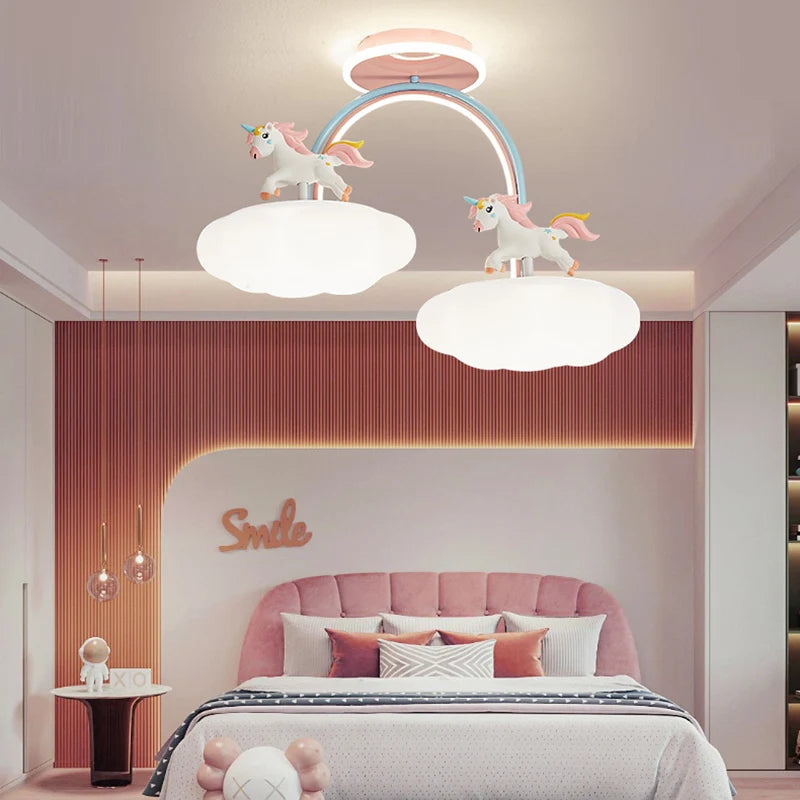 Dessin animé licorne lumière chambre d'enfant plafonnier avec télécommande nuage princesse chambre rose lustre lumière spectre complet - vue 3 sur 8